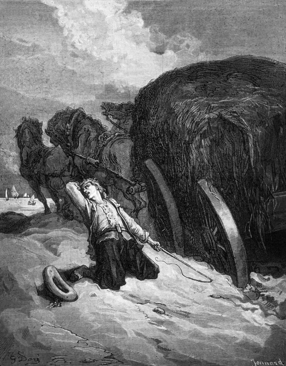 "Fables de Jean La Fontaine" : "chartier embourbe" (vozka uvízlý v blátě), rytina Paula Jonnarda-Pacla podle Gustava Doreho od Gustave Dore