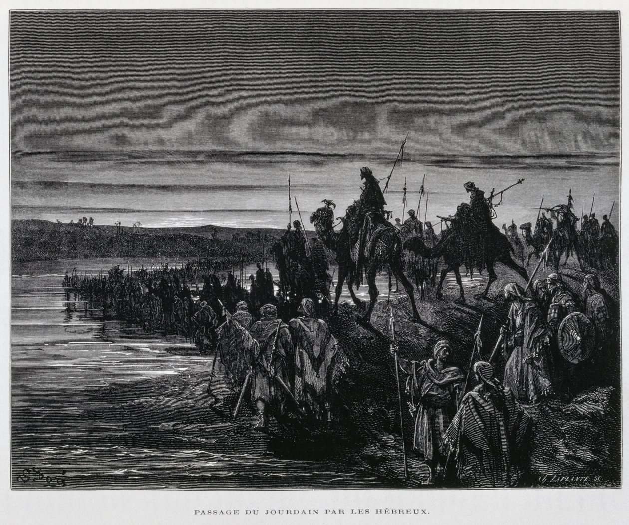 Vstup hebrejských kmenů do Kanaánu přes řeku Jordán, Ilustrace z Doreho Bible. od Gustave Dore