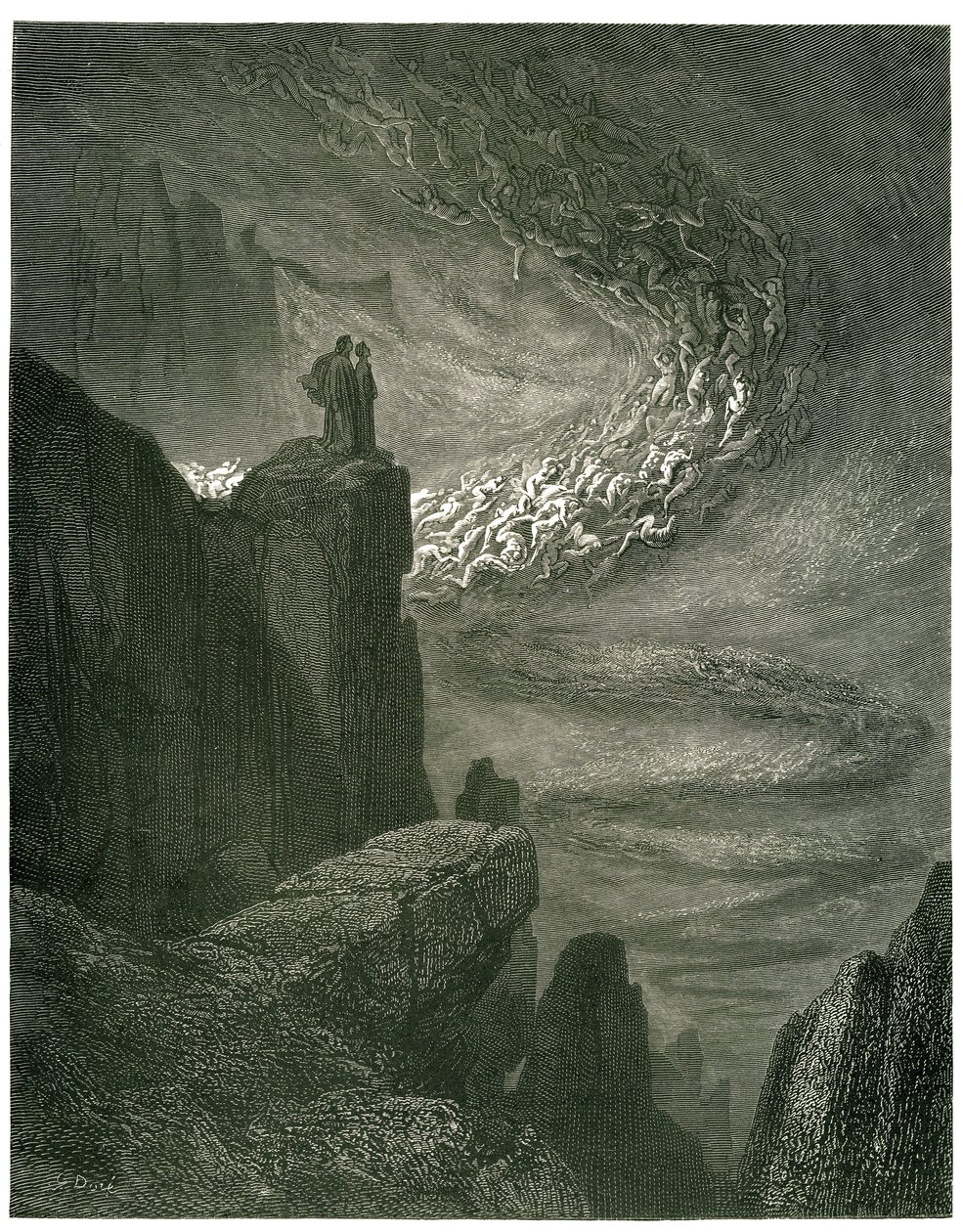 Peklo Dante Alighieri (Božská komedie) ilustrované Gustavem Dorem. Francouzské vydání z roku 1861. „Pekelná bouře, která nikdy nezůstane/Zanechá duchy svou loupeží. (Pekelný hurikán, který se nikdy nezastaví, vtahuje duchy do svého víru)“, od Gustave Dore