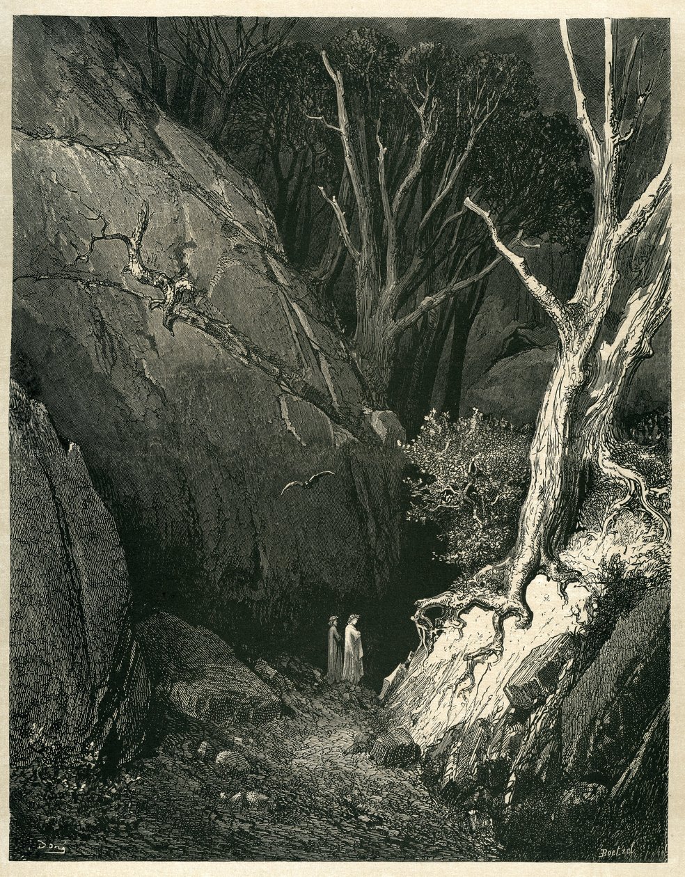 Peklo Danta Alighieriho (Božská komedie) s ilustracemi Gustava Doreho. Francouzské vydání z roku 1861. "Allor si mosse, ed io gli tenni dietro. (Pak se rozjel a já za ním)", píseň 1 v. 136. od Gustave Dore