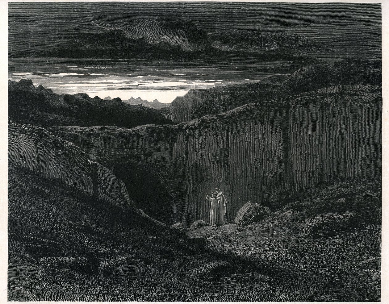 Peklo Danta Alighieriho (Božská komedie) s ilustracemi Gustava Dora. Francouzské vydání z roku 1861. Dante a Vergilius při vstupu do Pekla:" Lasciate ogni speranza, voi che 