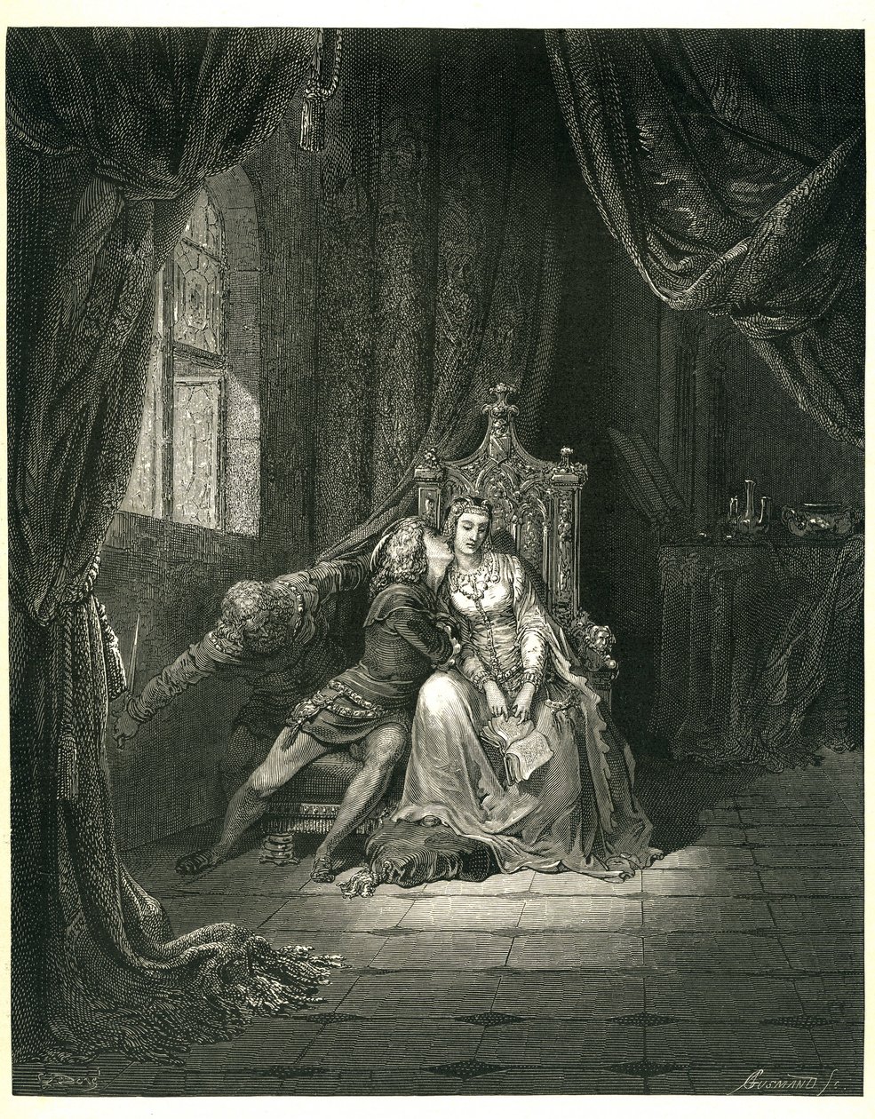 Peklo Danta Alighieriho (Božská komedie) s ilustracemi Gustava Doreho. Francouzské vydání z roku 1861. Francesca da Rimini a její milenec: "Quel giorno piu non vi leggemo avante. (Tento den nečteme dál)", zpěv 5. v. 138 od Gustave Dore