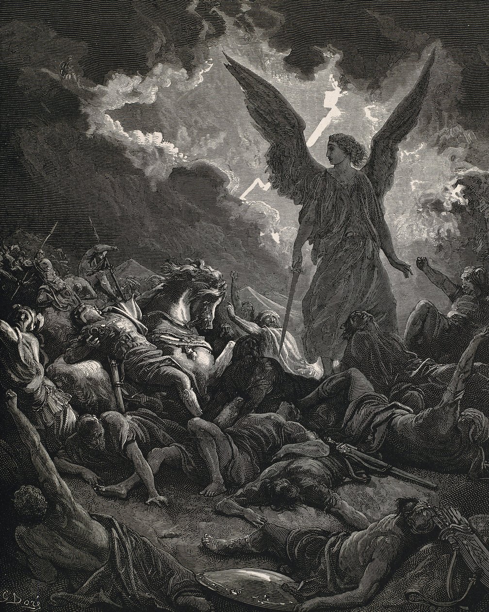 Bible svatá. 1866. SENNACHERIB (705-681 př. Kr.). Asyrský král (705-681 př. Kr.). Anděl Jahve z armády Senacheribovy. Rytina od Gustave Dore