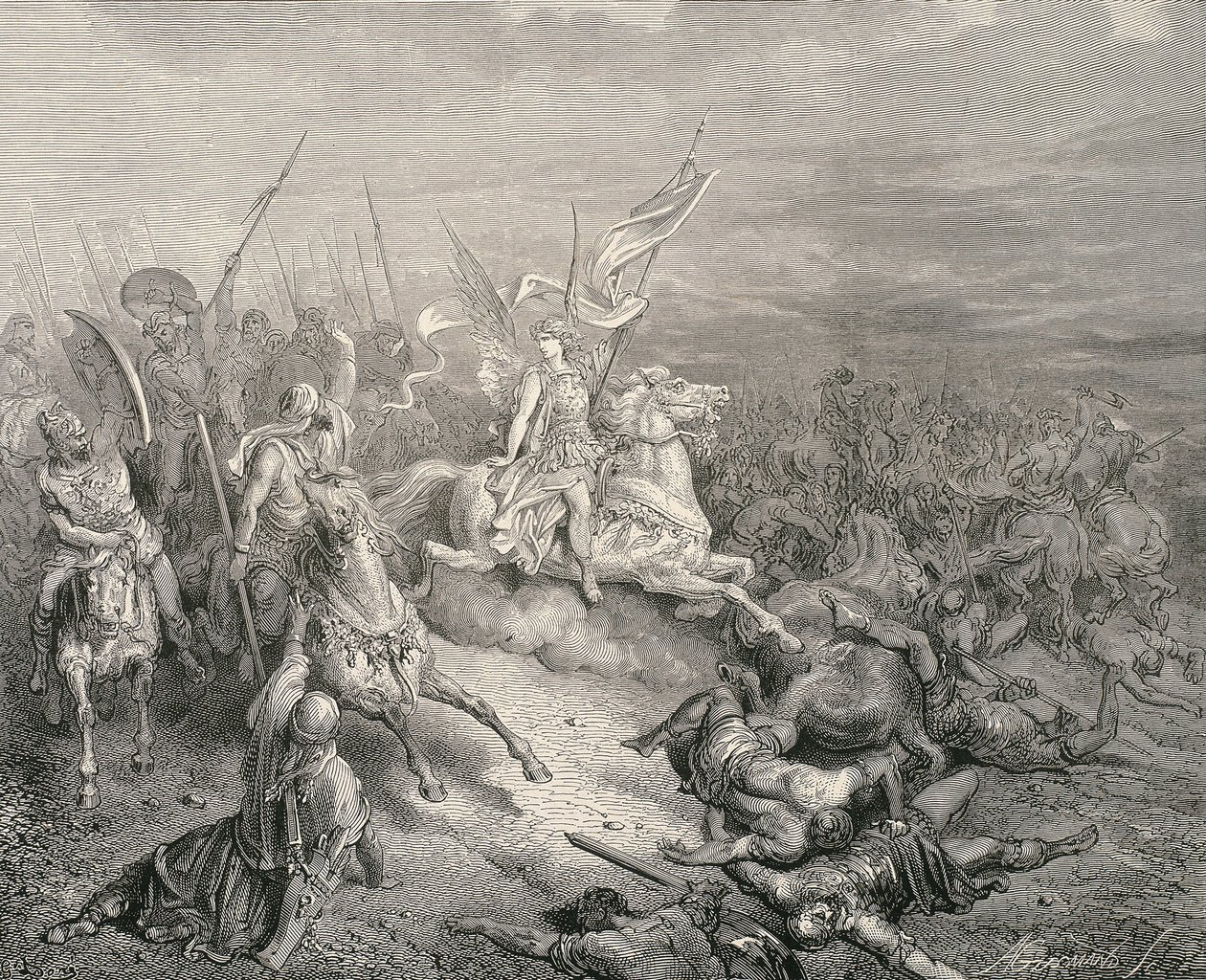 Bible svatá. 1866. Anděl Makabejský. Rytina od Gustave Dore