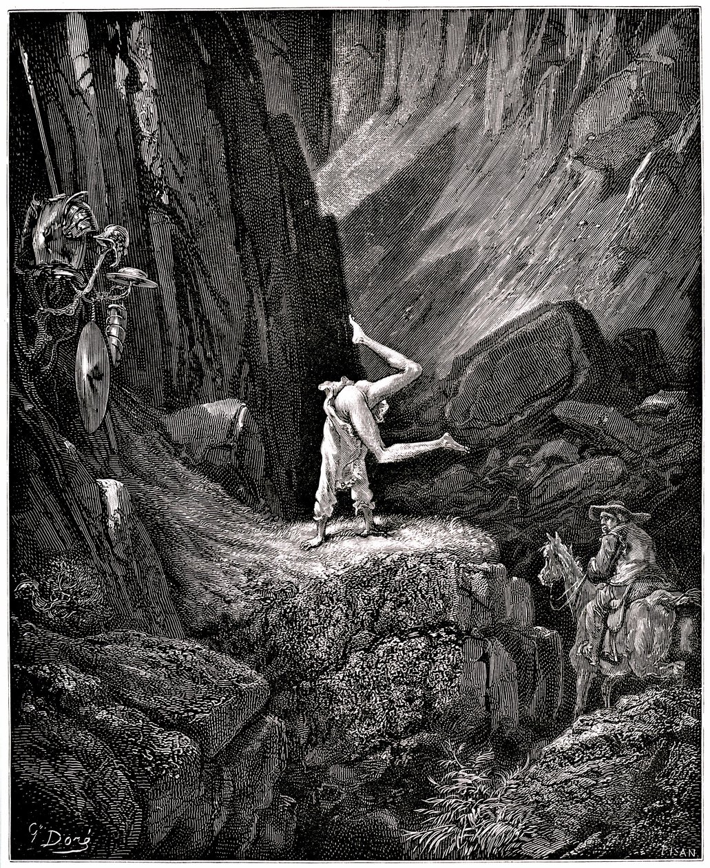 Důmyslný hidalgo Don Quijote de la Mancha (Quijot - Quijote) od Miguela de Cervantese (1547-1616): rytíř má smutnou postavu z cabrioles "obnažuje některé věci, které Sancho, aby je neviděl, spěchá otočit, spokojený s tím, že od Gustave Dore