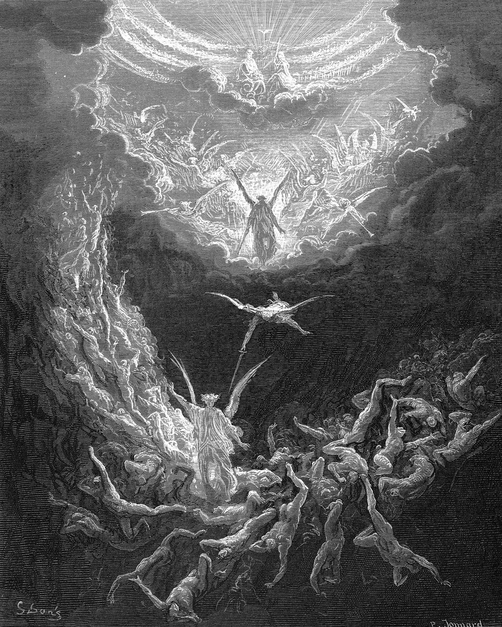 Poslední soud. Biblická kniha Zjevení 20:11. Ilustrace Gustave Dore 1865-1866. Dřevoryt od Gustave Dore