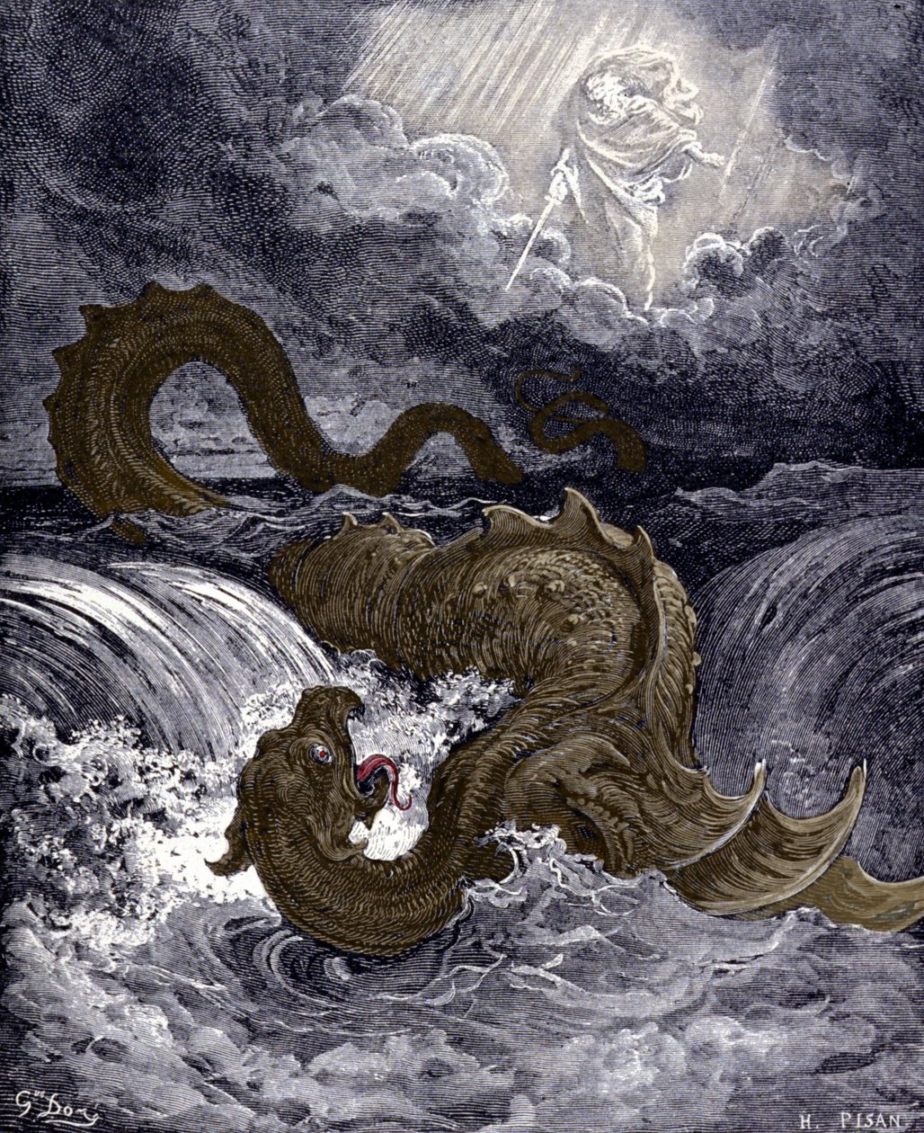 Leviatan, mořská příšera připomínající mořského hada, o kterém se mluví v Bibli. Ilustrace Bible od Gustava Dorea. Rytina 19. století. od Gustave Dore