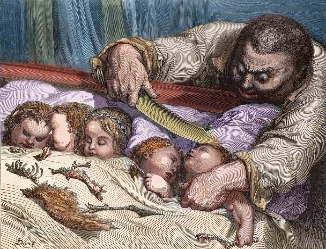 Malý palec od Charlese Perraulta (francouzský spisovatel) Giant bez váhání podřízl hrdla svých dcer (rytina) od Gustave Dore