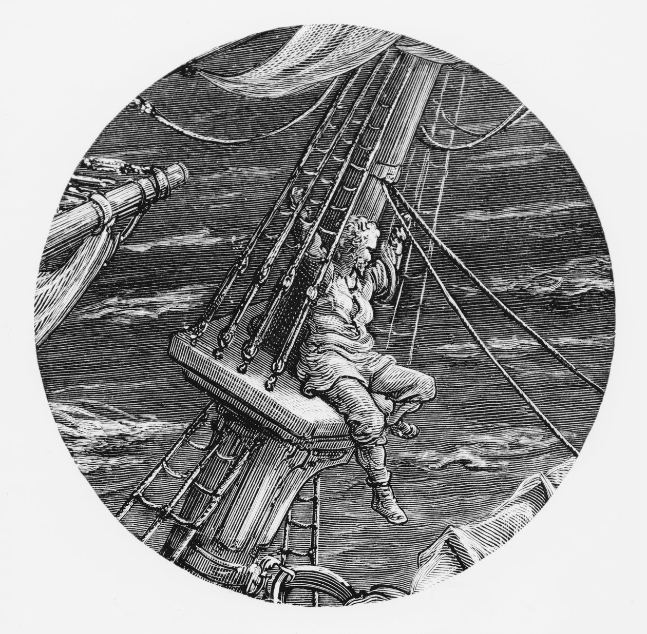 Námořník ve vzduchu v lejnu lodi, scéna z filmu The Rime of the Ancient Mariner od S.T. Coleridge, vydal Harper und Brothers, New York, 1876 (dřevoryt) od Gustave Dore
