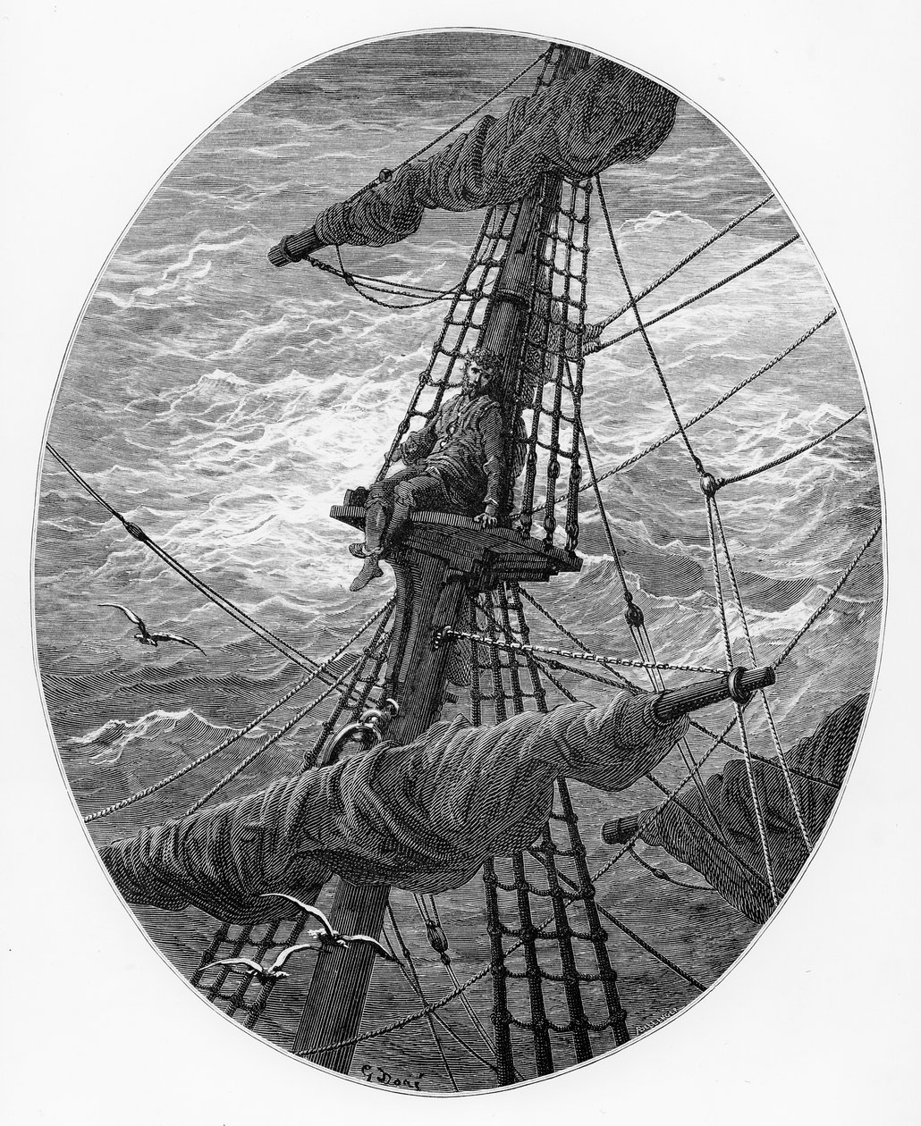 Námořník na stožáru během bouře, scéna z filmu The Rime of the Ancient Mariner od S.T. Coleridge, vydal Harper und Brothers, New York, 1876 (dřevoryt) od Gustave Dore
