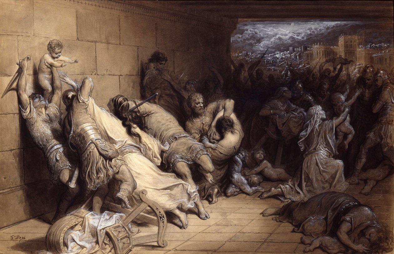 The Massacre of the Innocents, c.1870 (pero a inkoust s mytím zvýrazněným bílou na papíře) od Gustave Dore