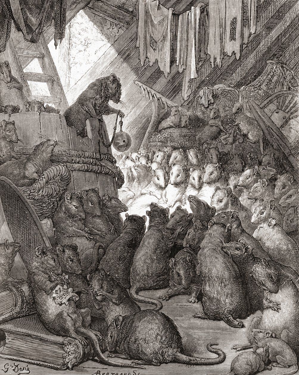The Mice in Council, známé také pod názvy „Belling the Cat“ a „The Bell and the Cat“, z vydání „Fables de La Fontaine“ z konce 19. století (dřevoryt) od Gustave Dore