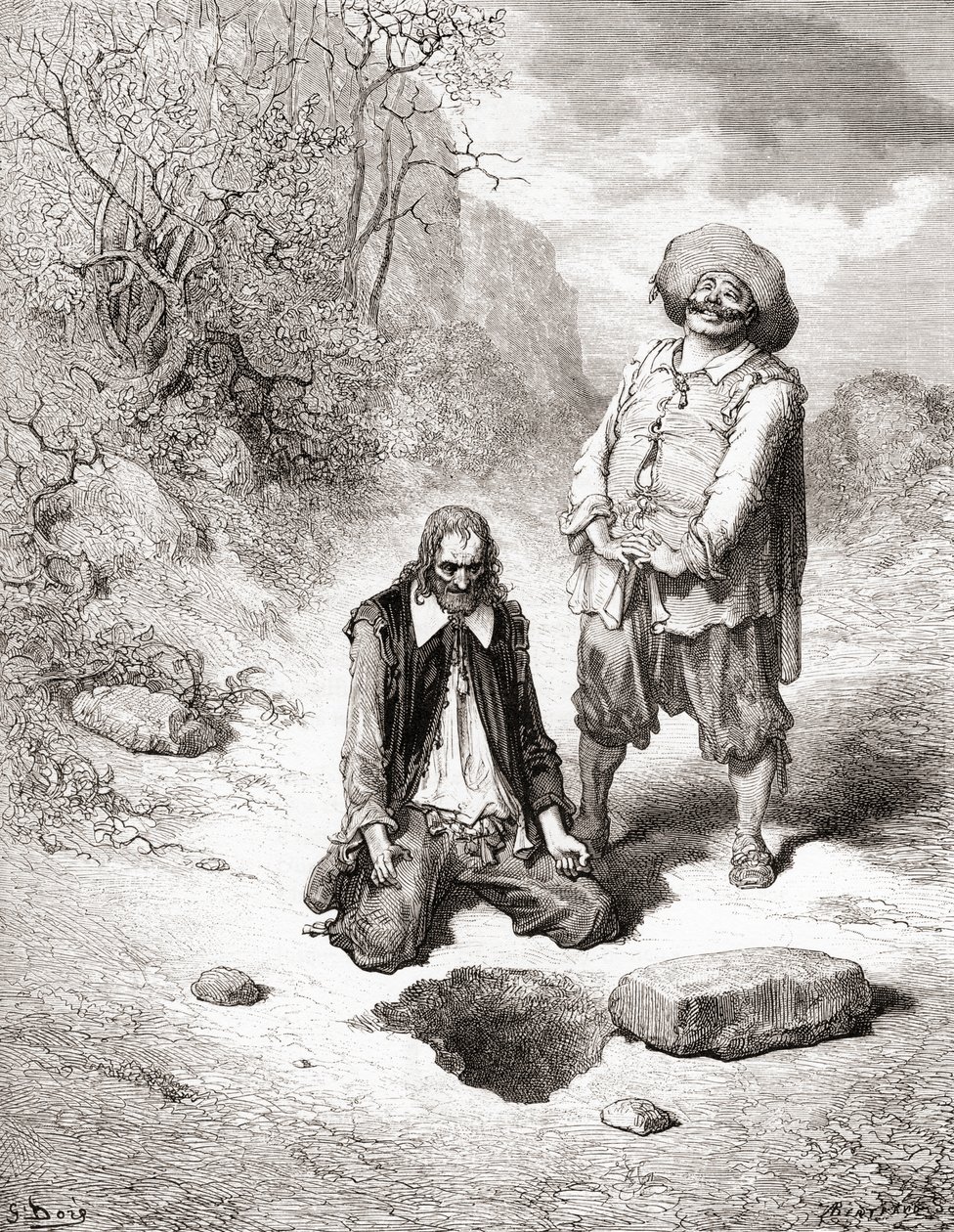 Lakomec, který ztratil poklad, z vydání Fables de La Fontaine z konce 19. století (dřevorytina) od Gustave Dore