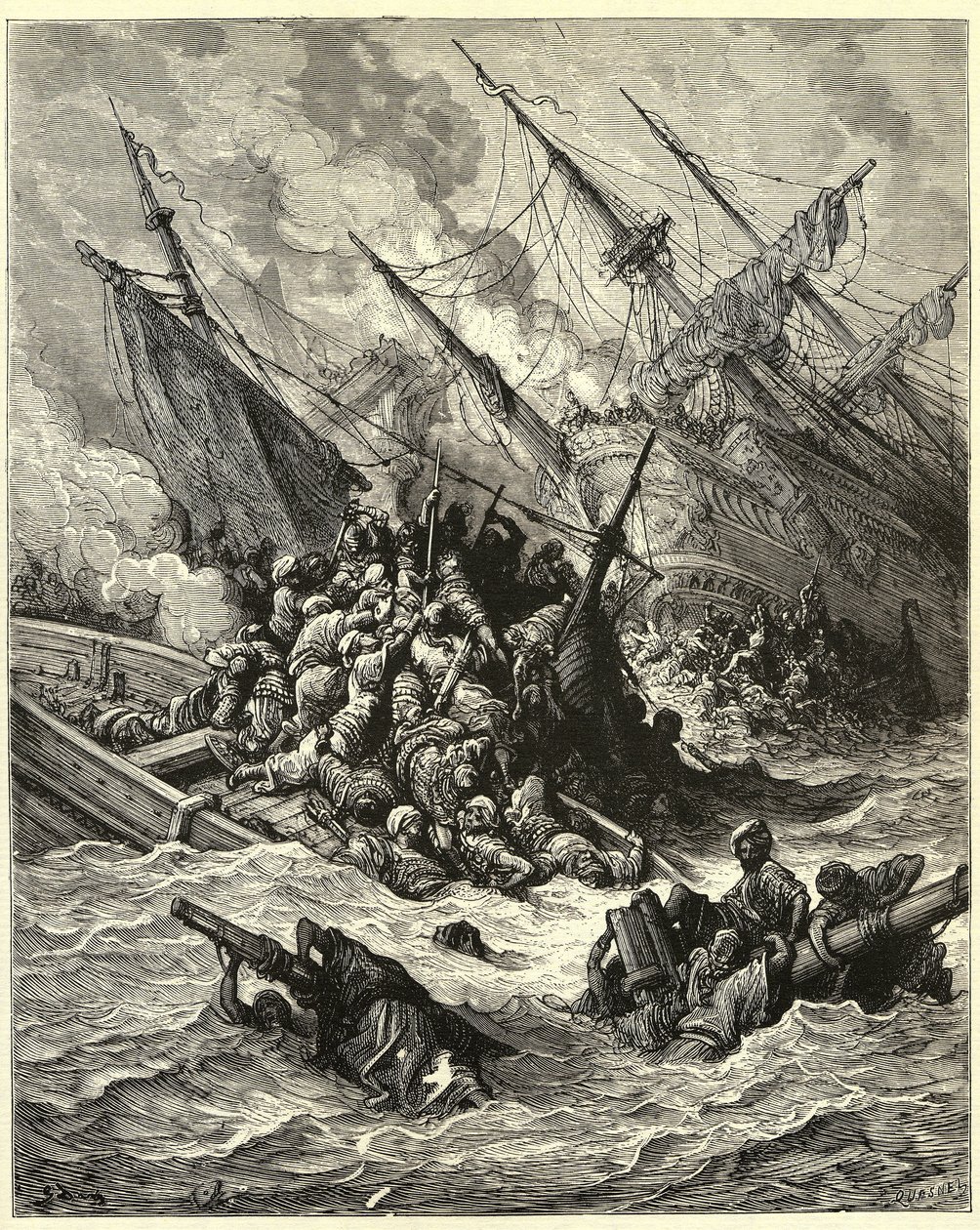"Námořní bitva u Lepanta" Vytvořila španělskou, benátskou alianci a papežské síly proti Osmanům v roce 1571 u Řecka. Rytina Gustava Doreho (1832-1883) z knihy "Dějiny křížových výprav" od Josepha Francoise Michauda. od Gustave Dore