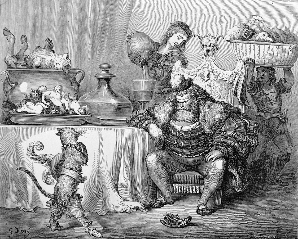 Zlobr přijímá kočku, ilustrace k filmu Kocour v botách, Charles Perrault (1628-1703) 1883 od Gustave Dore