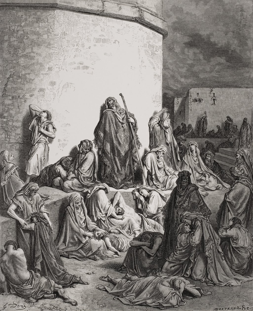 Lidé truchlí nad ruinami Jeruzaléma, ilustrace Pláč 1:1-2 z Doreovy „Svaté bible“, vyryl A. Bertrand 1866 od Gustave Dore