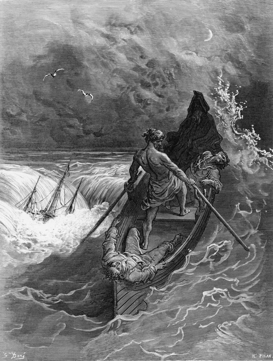 Pilot omdlí, scéna z filmu The Rime of the Ancient Mariner od S.T. Coleridge, vydal Harper und Brothers, New York, 1876 (dřevoryt) od Gustave Dore