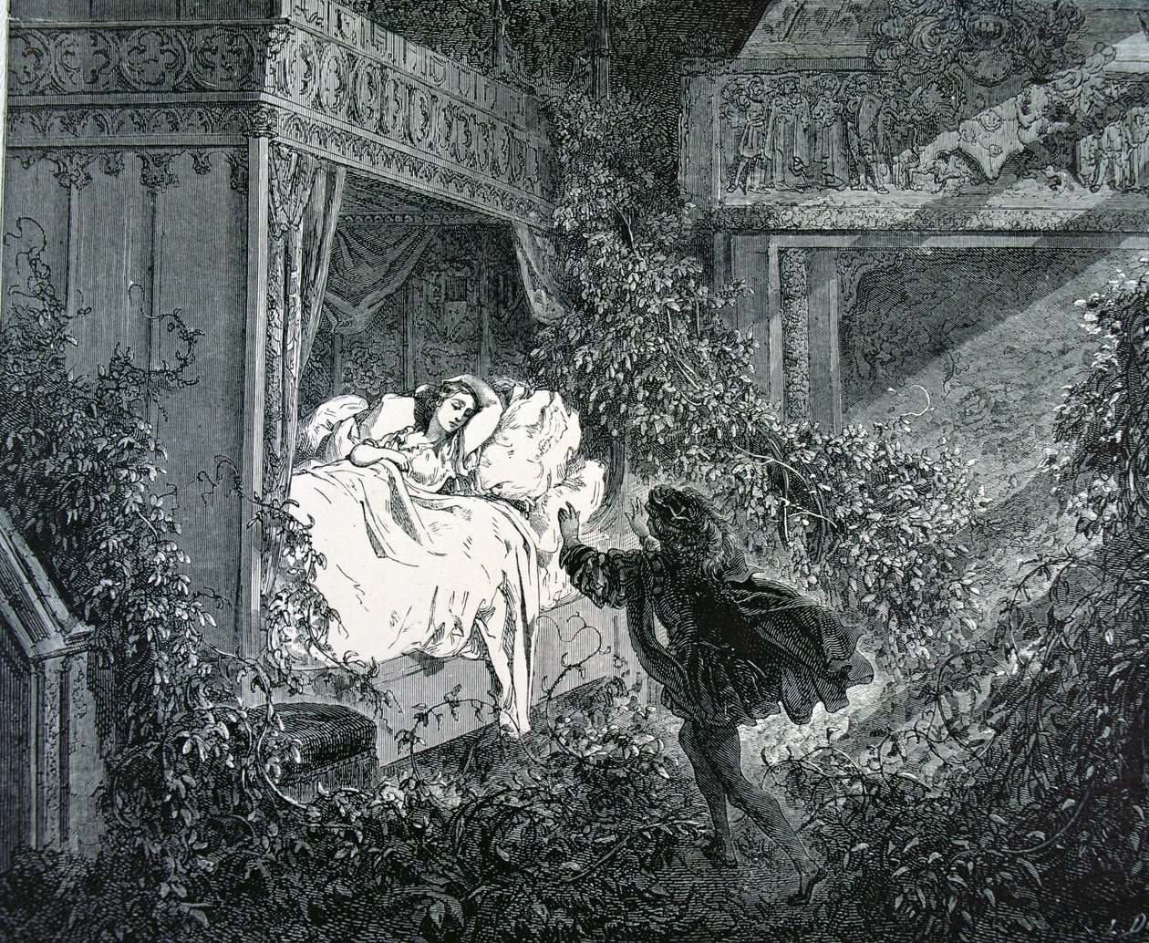 Princ přichází do princezniny ložnice na začarovaném zámku, ilustrace k „Šípkové Růžence“ od Charlese Perraulta (1628-1703) od Gustave Dore