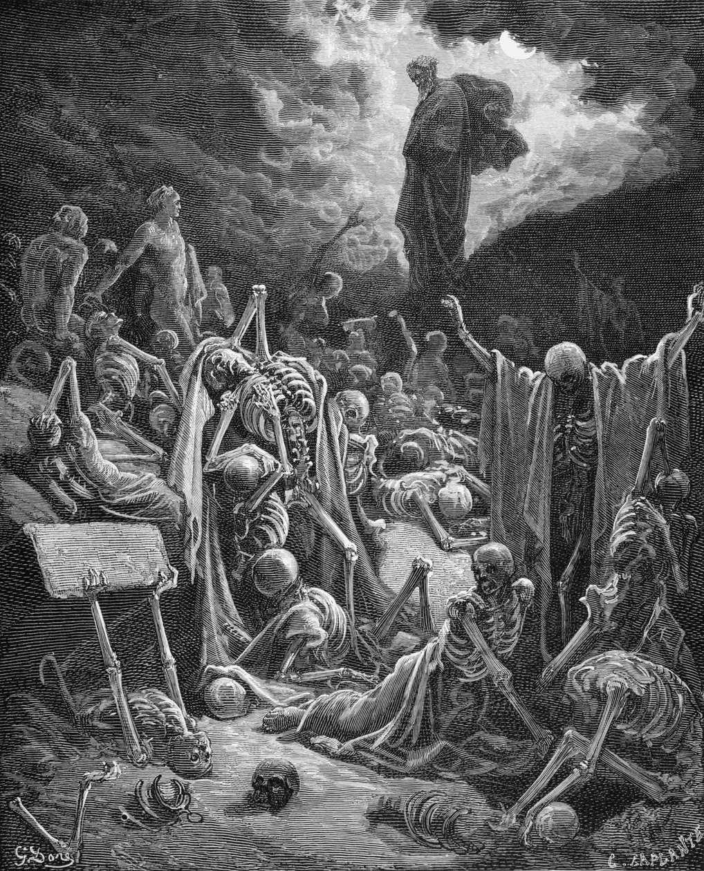 Vidění Údolí suchých kostí, Ezechiel 37:1-2, ilustrace z Doreovy 