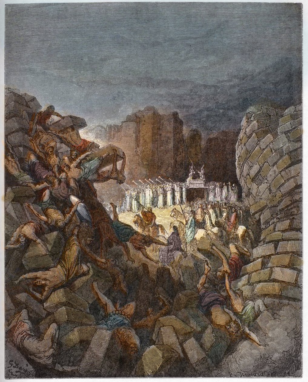 Padající hradby Jericha - Pád hradeb Jericha - - rytina do „“The Bible illustree““ od Gustava Dore (1832-1883) – rytina z „“The Dore Bible““ od Gustave Dore