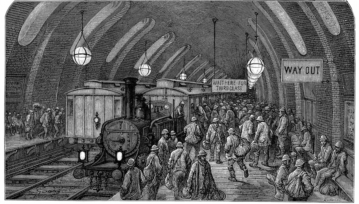 "Dělnický vlak". Od Gustava Doreho a Blancharda Jerrolda Londýn: A Pilgrimage London 1872. Tento obrázek zachycuje parní vlaky na stanici Gower Street na Metropolitní (podzemní) dráze, která byla otevřena v roce 1863. Dělníci spěchají, aby stihli ranní tr od Gustave Dore