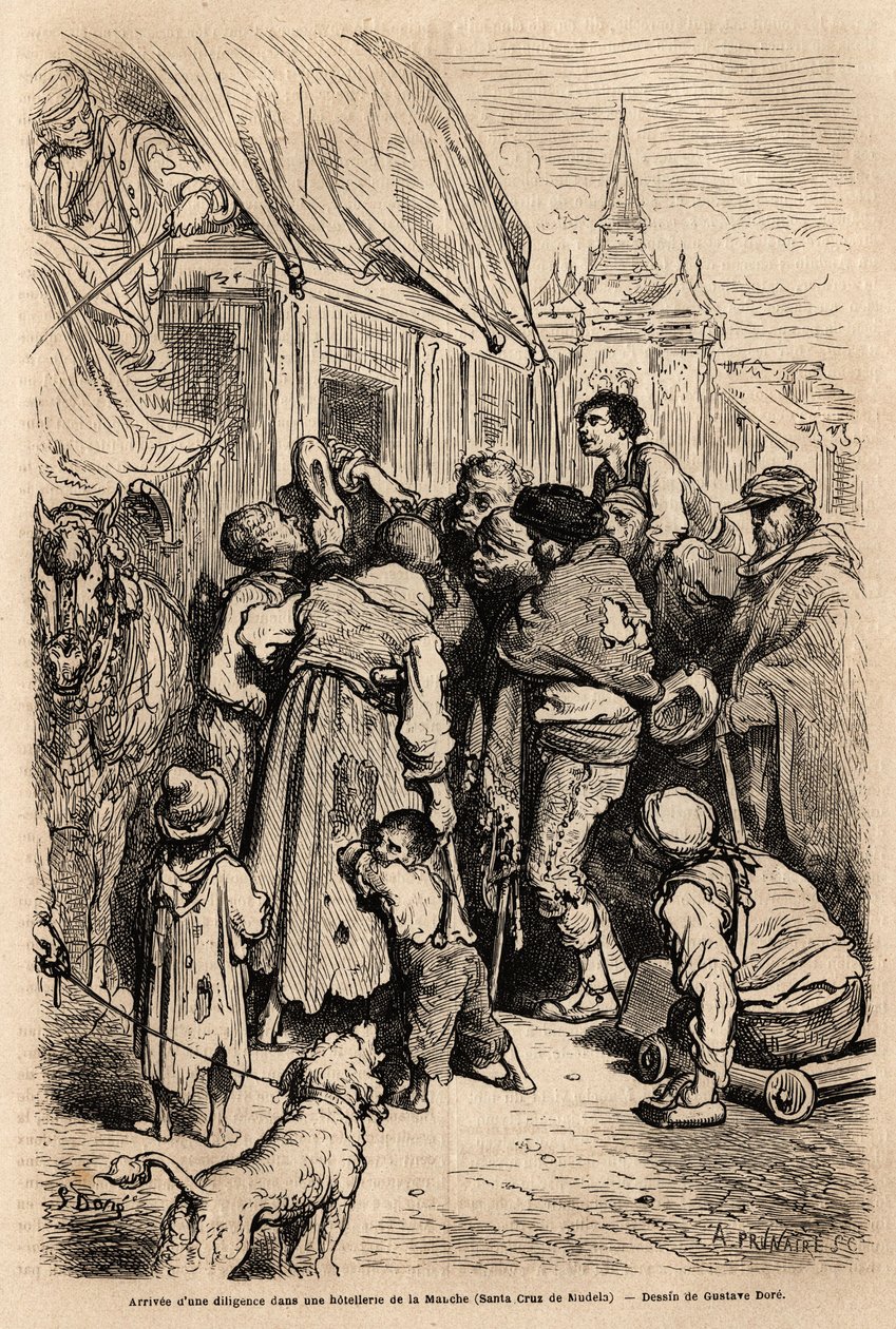 Příjezd pilnosti do hotelu v Santa Cruz de modela (provincie Mancha), napadený žebráky volajícími o almone. Kresba Gustava Dorea (1832-1883). Rytina k ilustraci plavby ve Španělsku v roce 1862 od Charlese Davilliera a Gustava Dorea, v od Gustave Dore