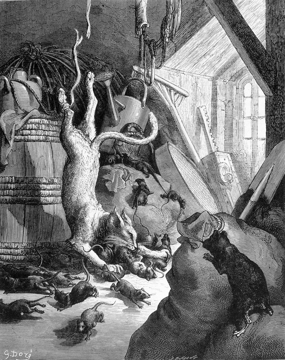 Kočka a stará krysa - v “”Bajkách”” od La Fontaine, nemocný. od Gustava Doré od Gustave Dore