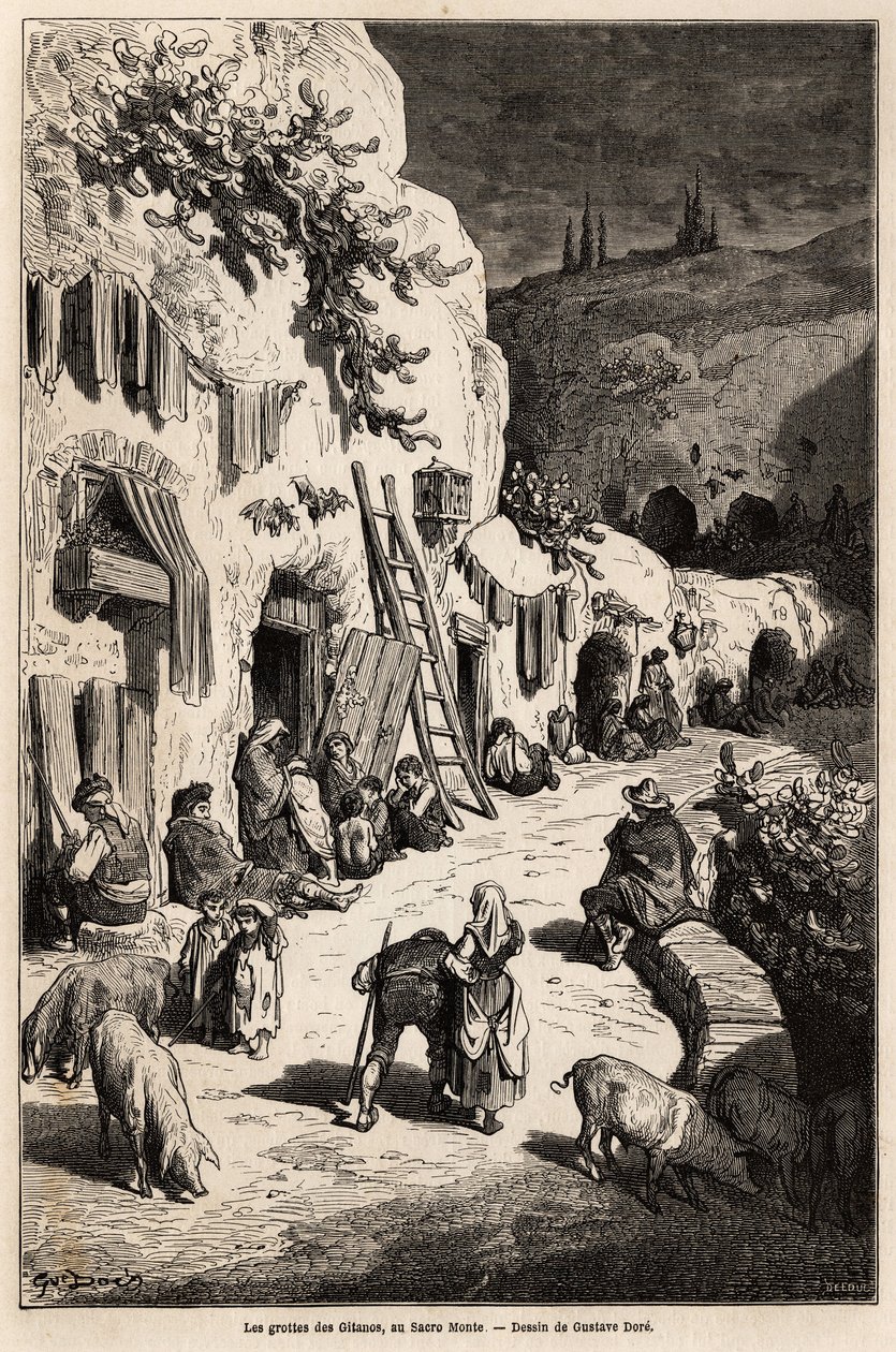 Jeskyně (podzemní domy) cikánů, v Sacro Monte, v Granadě. Kresba Gustava Dorea (1832-1883) k ilustraci jeho cesty do Španělska v roce 1862 v doprovodu Ch.Davilliera. Rytina v „“Le tour du monde““, editoval Edouard Charton od Gustave Dore
