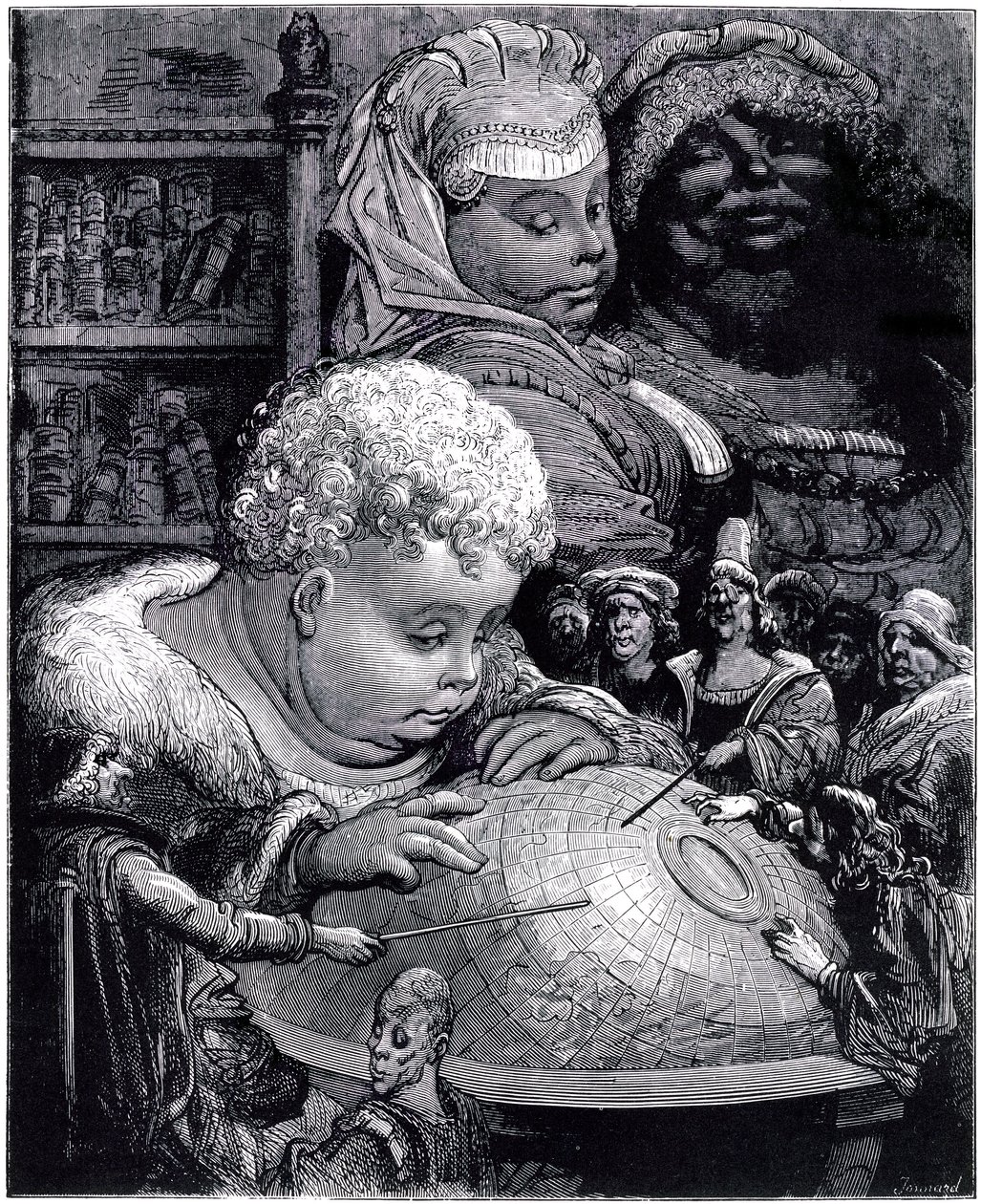 Vzdělávání Gargantua: obr, dítě, studuje zeměkouli se svými učiteli, pod očima svých rodičů od Gustave Dore