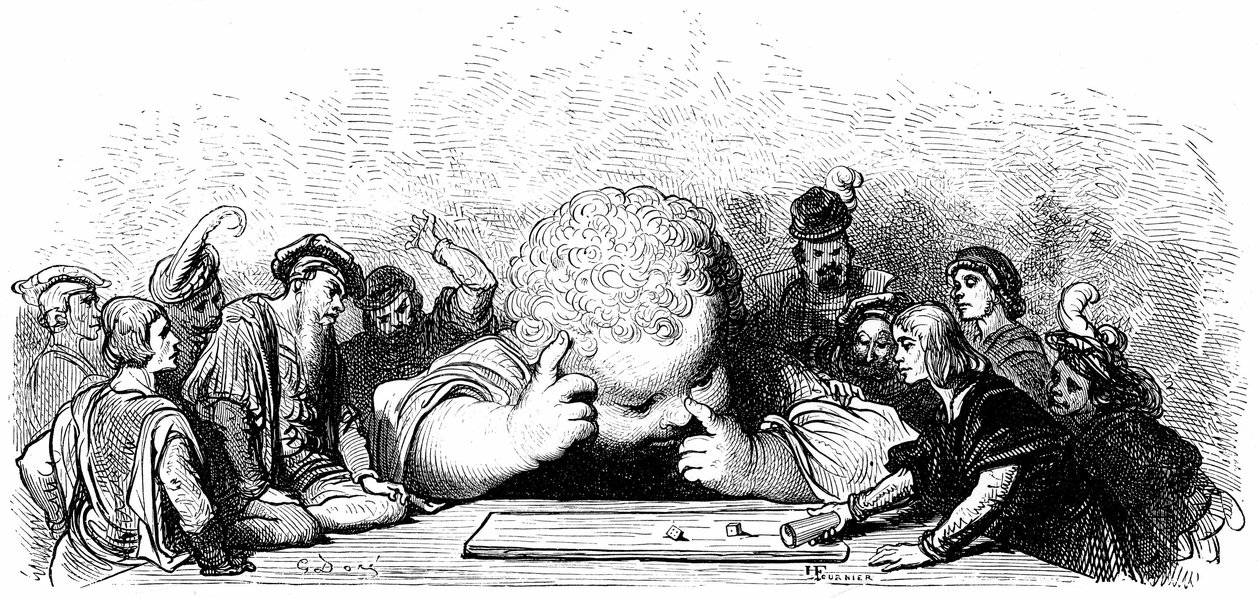 Výchova dítěte Gant Gargantua: učí se hrát na des. Ilustrace Gustava Doreho k dílu Francoise Rabelaise. od Gustave Dore