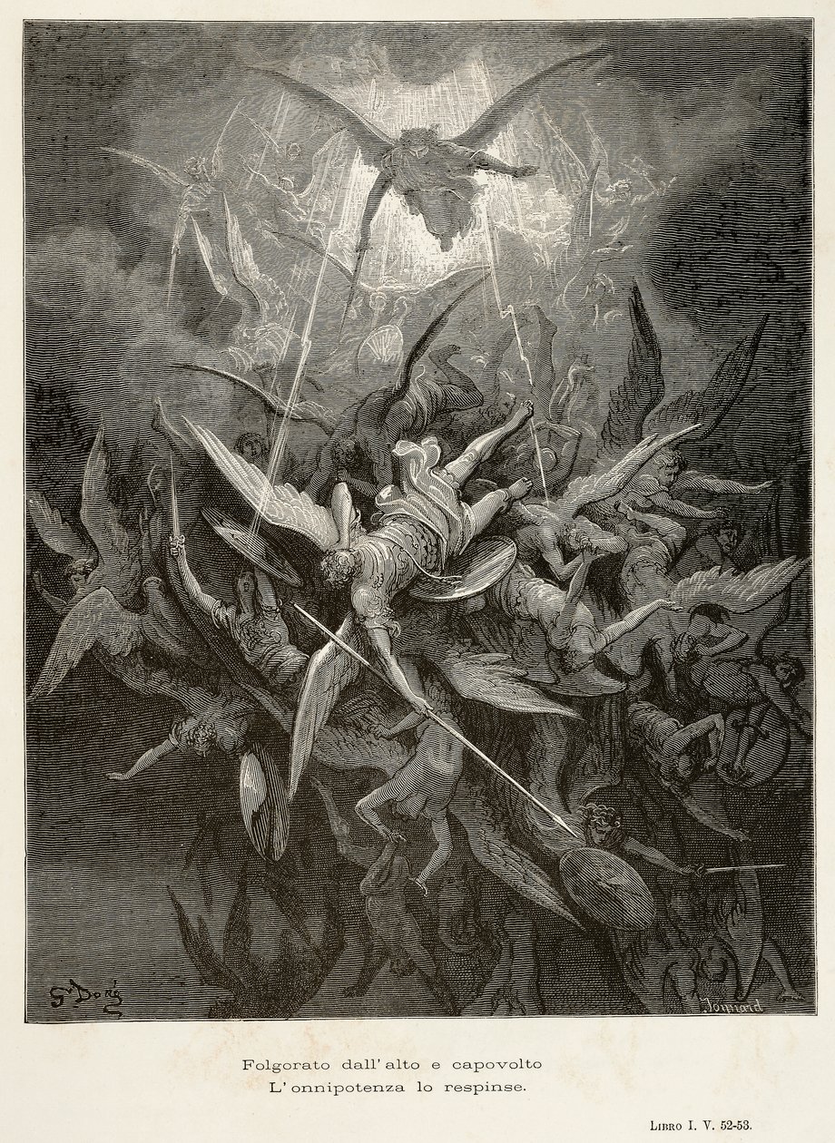 Pád andělů, scéna ze Ztraceného ráje od Johna Miltona (1608-1674), ilustrace Gustave Dore