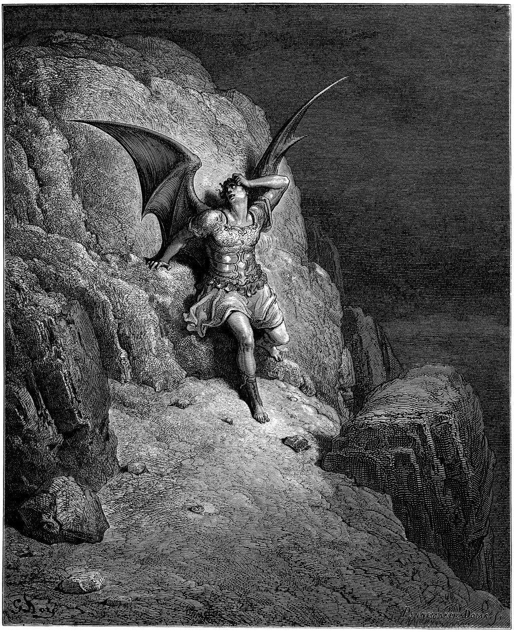 Pád anděla Lucifera (Satan, anděl dechu, spadl z nebe na zem). Ilustrace Gustava Dora ke knize Ztracený ráj od Johna Miltona (1608-1674). Rytina z roku 1866. Soukromá sbírka od Gustave Dore