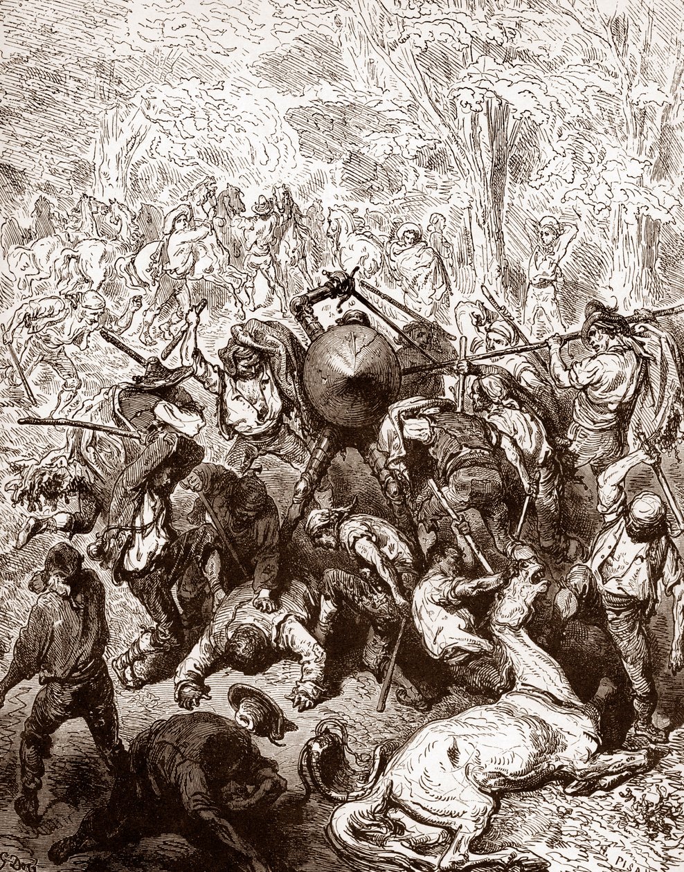 Boj proti mezkům z Yanguas Rytina Gustava Dorea (1832-1883) pro „The Ingenieux Hidalgo Don Quixotte de la Manche (Quixotte – Quijote)“ od Miguela de Cervantese (1547-1616) 1863 Soukromá sbírka od Gustave Dore