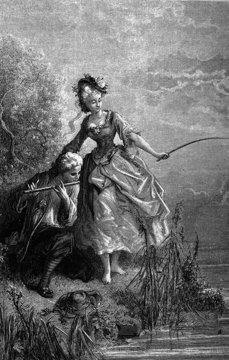 Ryba a pastýř hrající na flétnu. Zvuk flétny slouží jako návnada. Bajky Jean de La Fontaine (1621-1695). Ilustrace Gustave Dore. od Gustave Dore