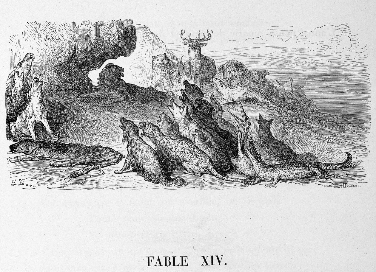Pohřeb lvice - v “”Bajkách”” de La Fontaine, nemocný. od Doré od Gustave Dore