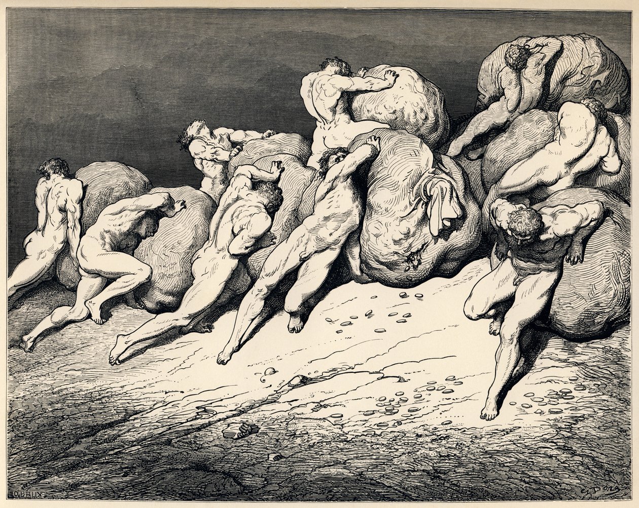 Shromažďovatelé a ničitelé. Ilustrace k Božské komedii od Dante Alighieri, 1857 od Gustave Dore