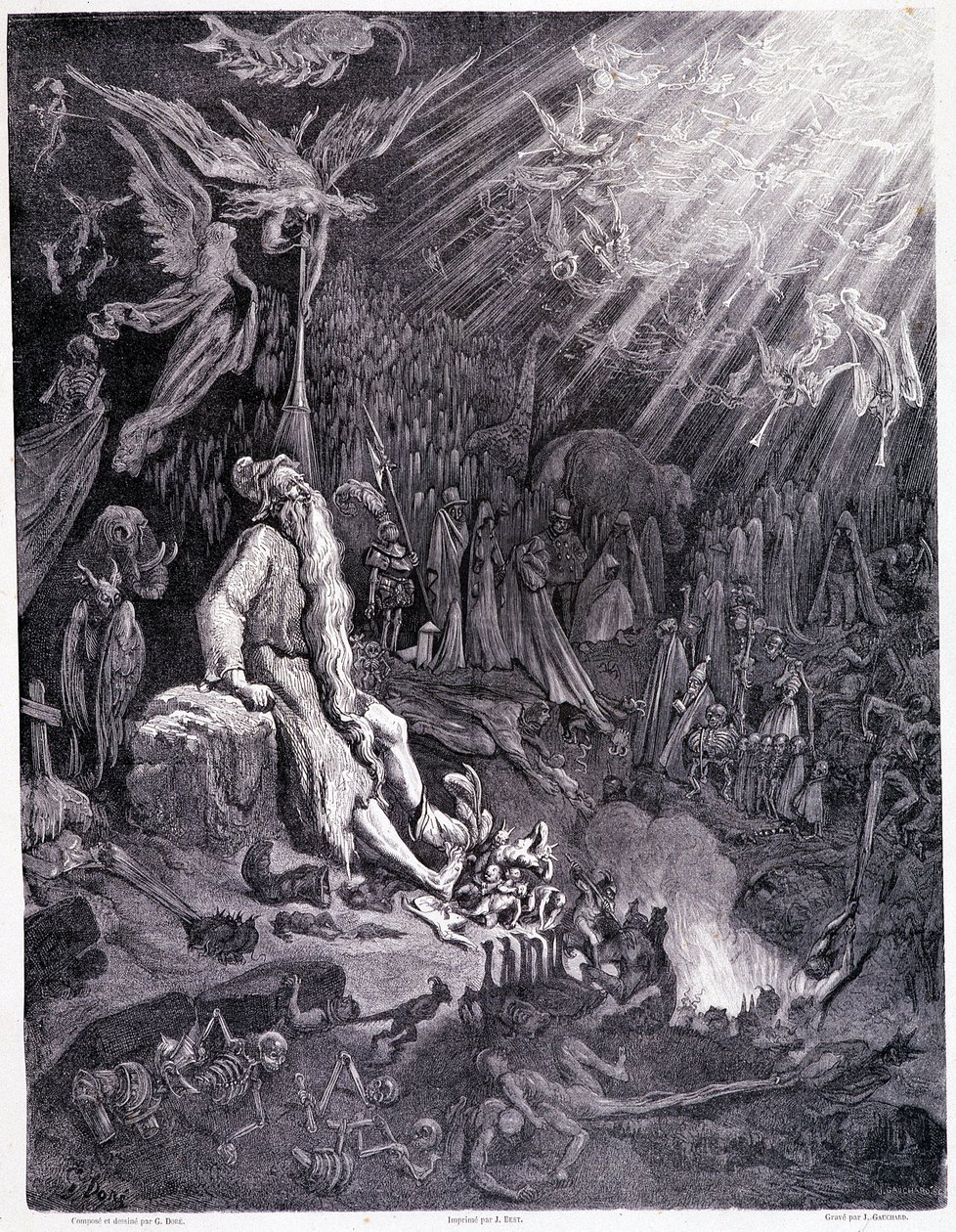Poslední soud ukončí tvá muka... Deska XII - Ilustrace Gustave Dore (1832-1883), pro putování La legende du jeif od Pierra Duponta, edice Librairie du magasin malebná, Paříž 1862 od Gustave Dore