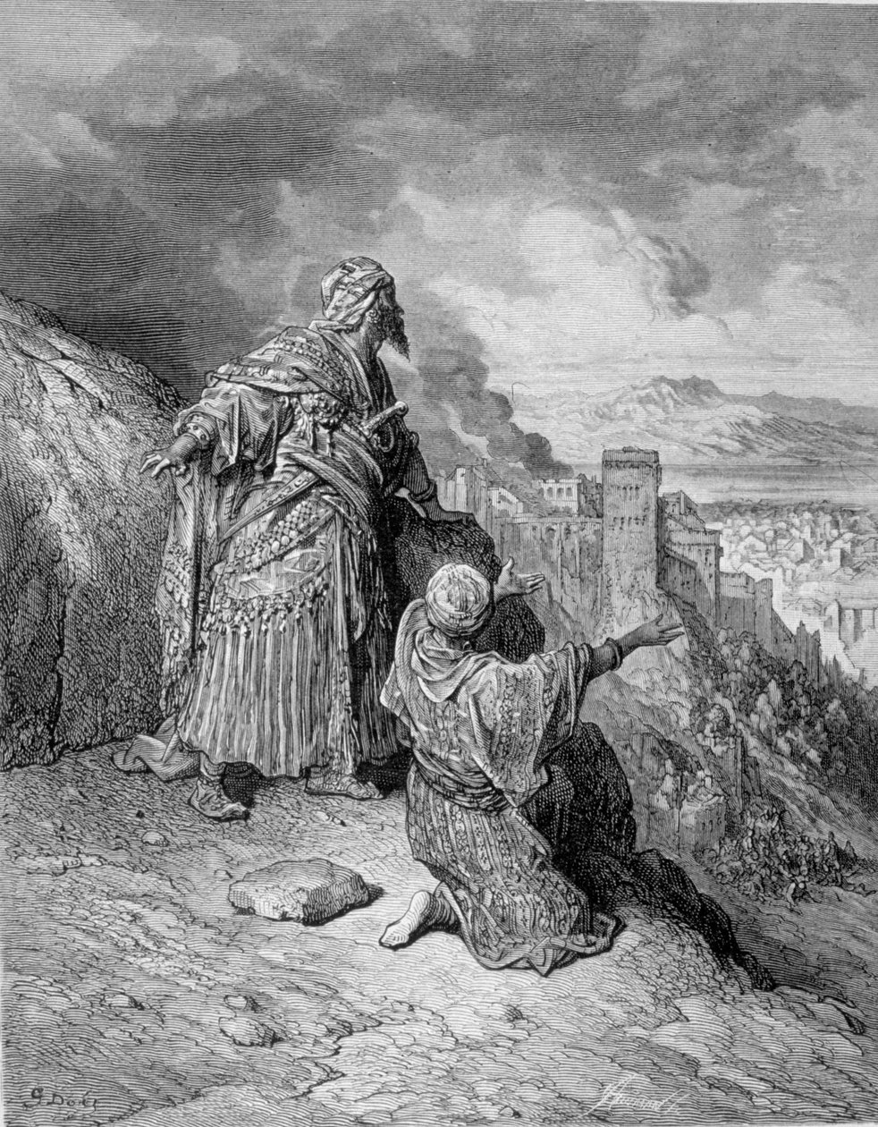 Poslední z arabských králů opustil Granadu po jeho obležení katolíky v roce 1492. Rytina Gustava Doré od Gustave Dore