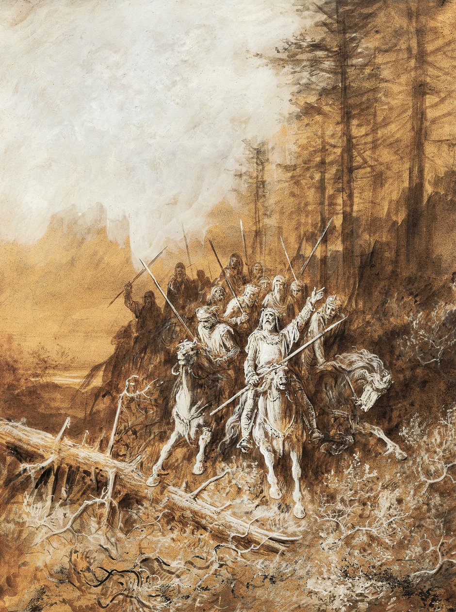 Pochod rytířů, ilustrace k sérii básní, Idyly krále od Alberta Tennysona (1809-1892), akvarel od Gustava Dore