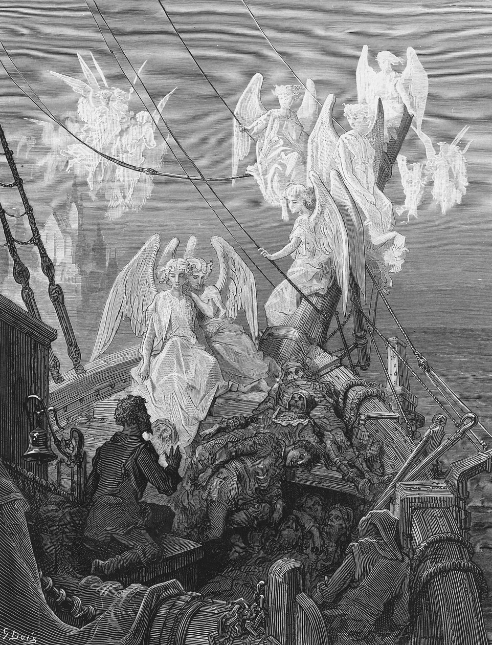 Námořník vidí skupinu andělských duchů, scénu z filmu The Rime of the Ancient Mariner od S.T. Coleridge, vydal Harper und Brothers, New York, 1876 (dřevoryt) od Gustave Dore