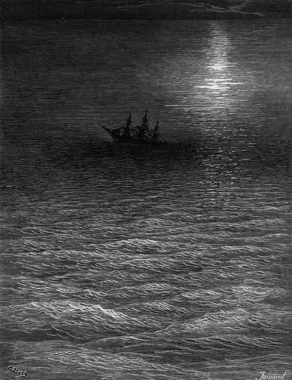 Opuštěná loď v měsíčním moři, scéna z filmu The Rime of the Ancient Mariner od S.T. Coleridge, publikoval Harper und Brothers, New York, 1876 (wwod rytina) od Gustave Dore
