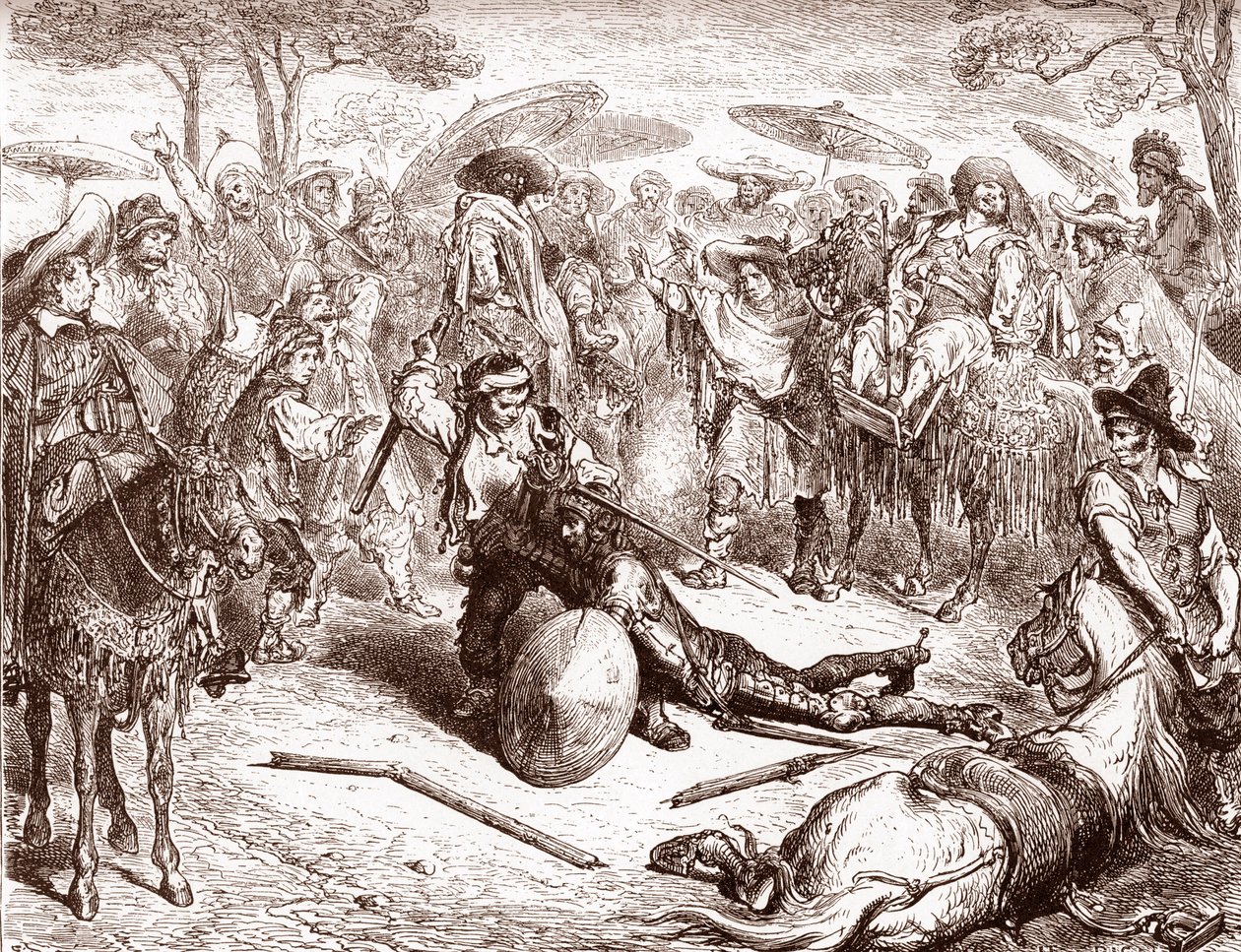 Obchodníci z Toleda se dívají na jeden z jejich řidičů mezek Beats Don Quixote Graving od Gustave Dore (1832-1883) pro „The Ingenieux Hidalgo Don Quixote Quixote“ od Miguel de Cervantes (1547-1616)) 1863) 1863) 1863) 1863) 1863) 1863) 1863) 1863) 1863) 186 od Gustave Dore