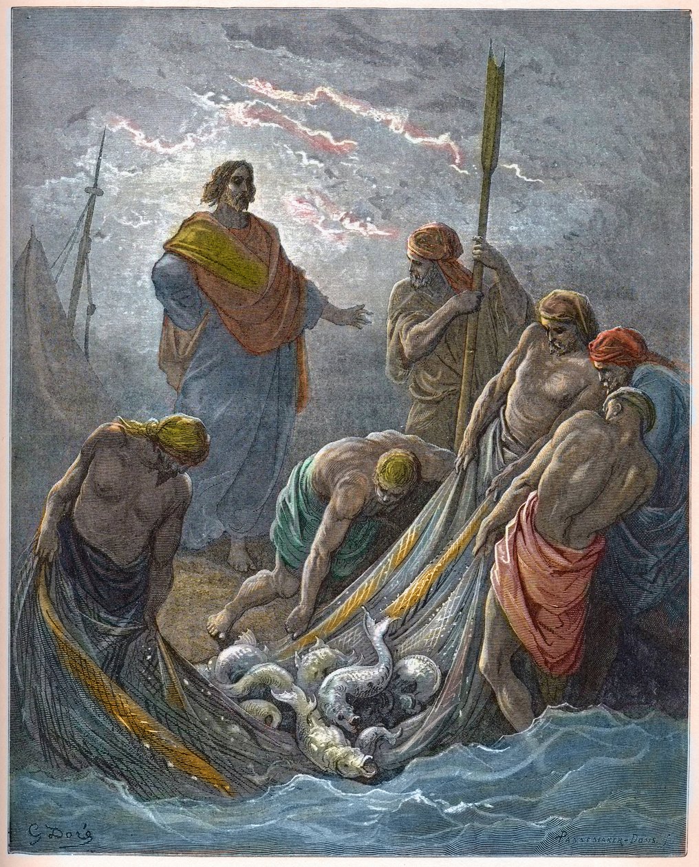 Zázračný návrh ryb - Miraculous Fishing - - Rytina v „The Bible illustree“ od Gustava Dore (1832-1883) - Rytina z „“ The Dore Bible““ od Gustave Dore