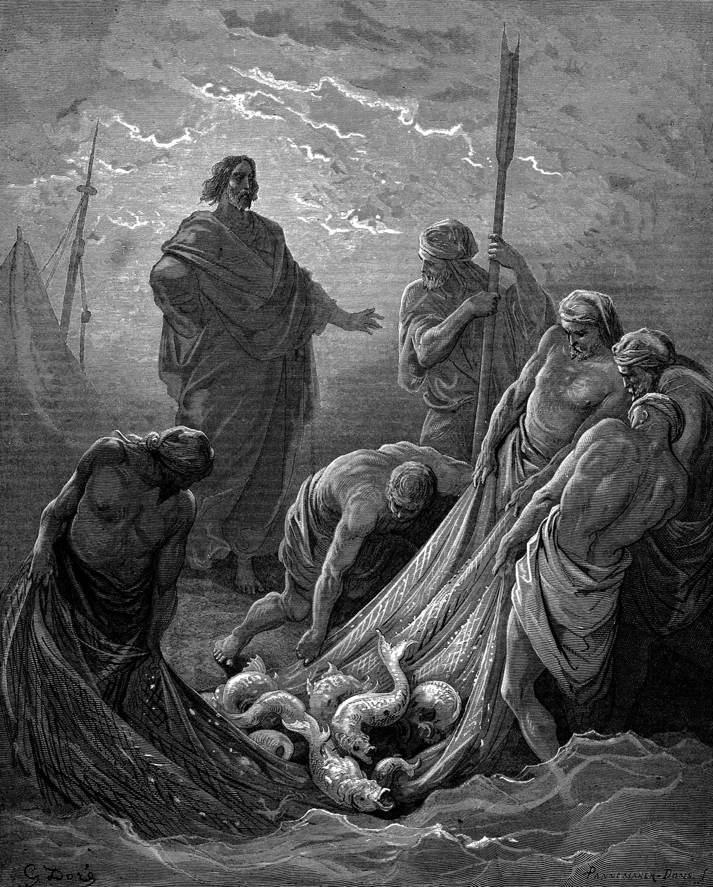 Zázračný tah ryb. Lukáš: 5:6. Z ilustrované Bible Gustava Dorea z roku 1865 od Gustave Dore