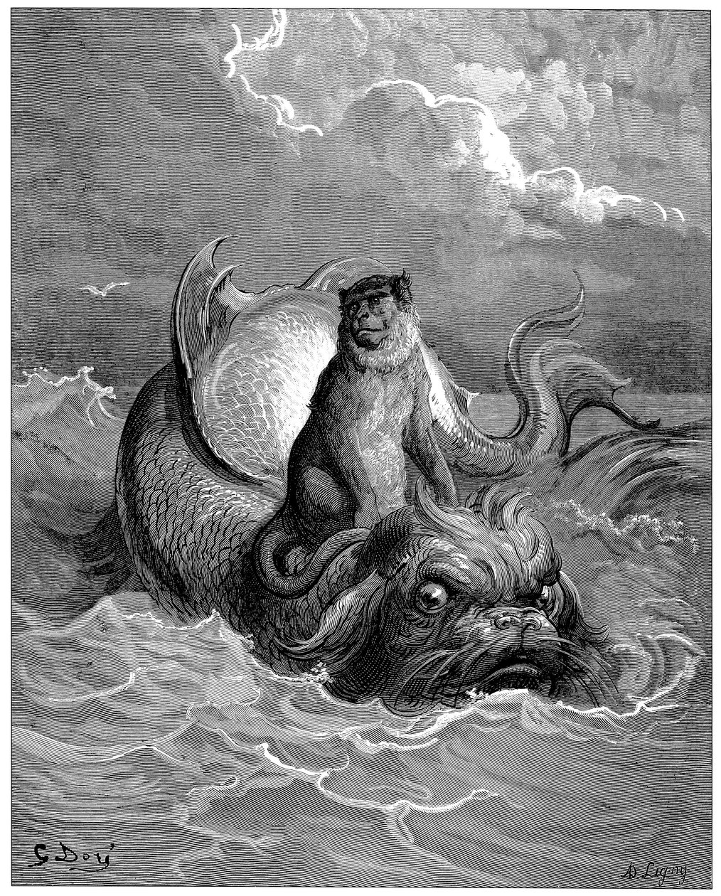 Opice a delfín: bajka, Bajky od Jeana de La Fontaine (1621-1695). Ilustrace Gustave Dore (1832-1883) - od Gustave Dore