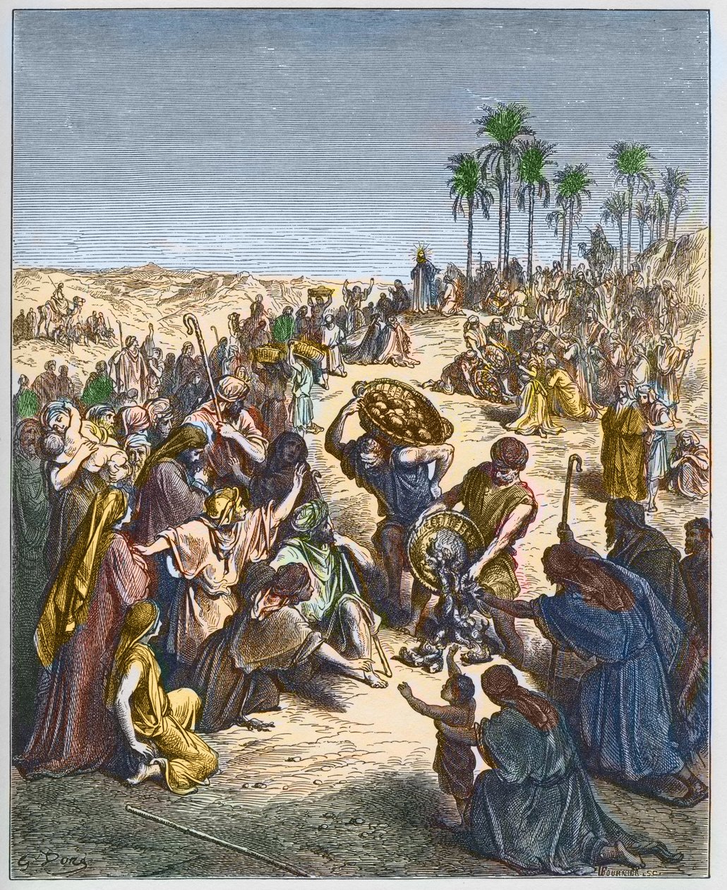 Rozmnožení chleba – Kristus krmí zástupy (Hodnota chleba Christianity Crowd Engraving Fish) – rytina v „The Bible illustree“ od Gustava Dore (1832-1883) – rytina z „“The Dore Bible““ od Gustave Dore