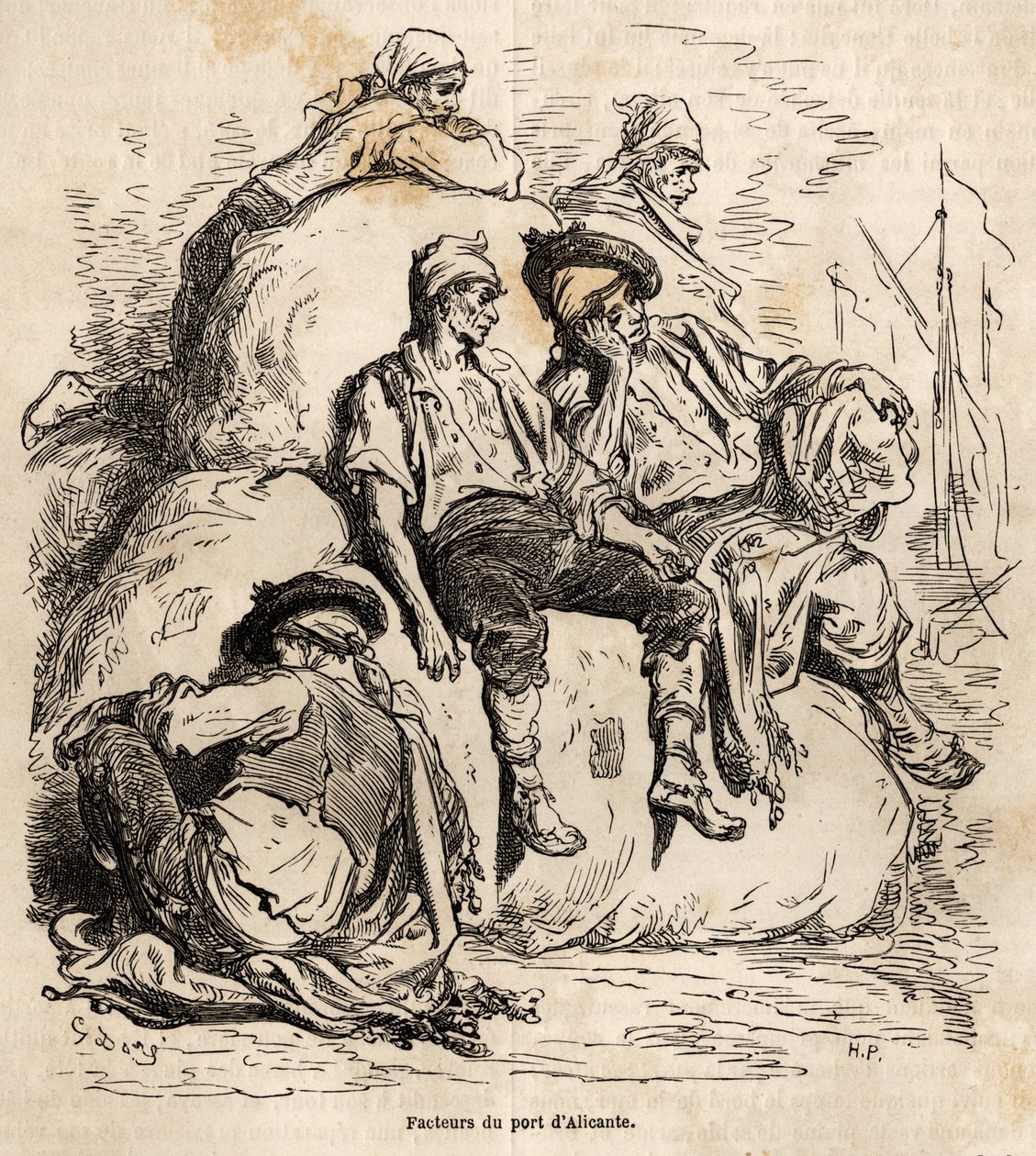 Zdřímnutí lodí přístavu Alicante, náčrt vytvořený na živém Gustave Dore (1832-1883), aby ilustroval jeho cestu do Španělska v roce 1862 s Ch. Davillier. Rytina v „“Le tour du monde““, editoval Edouard Charton od Gustave Dore
