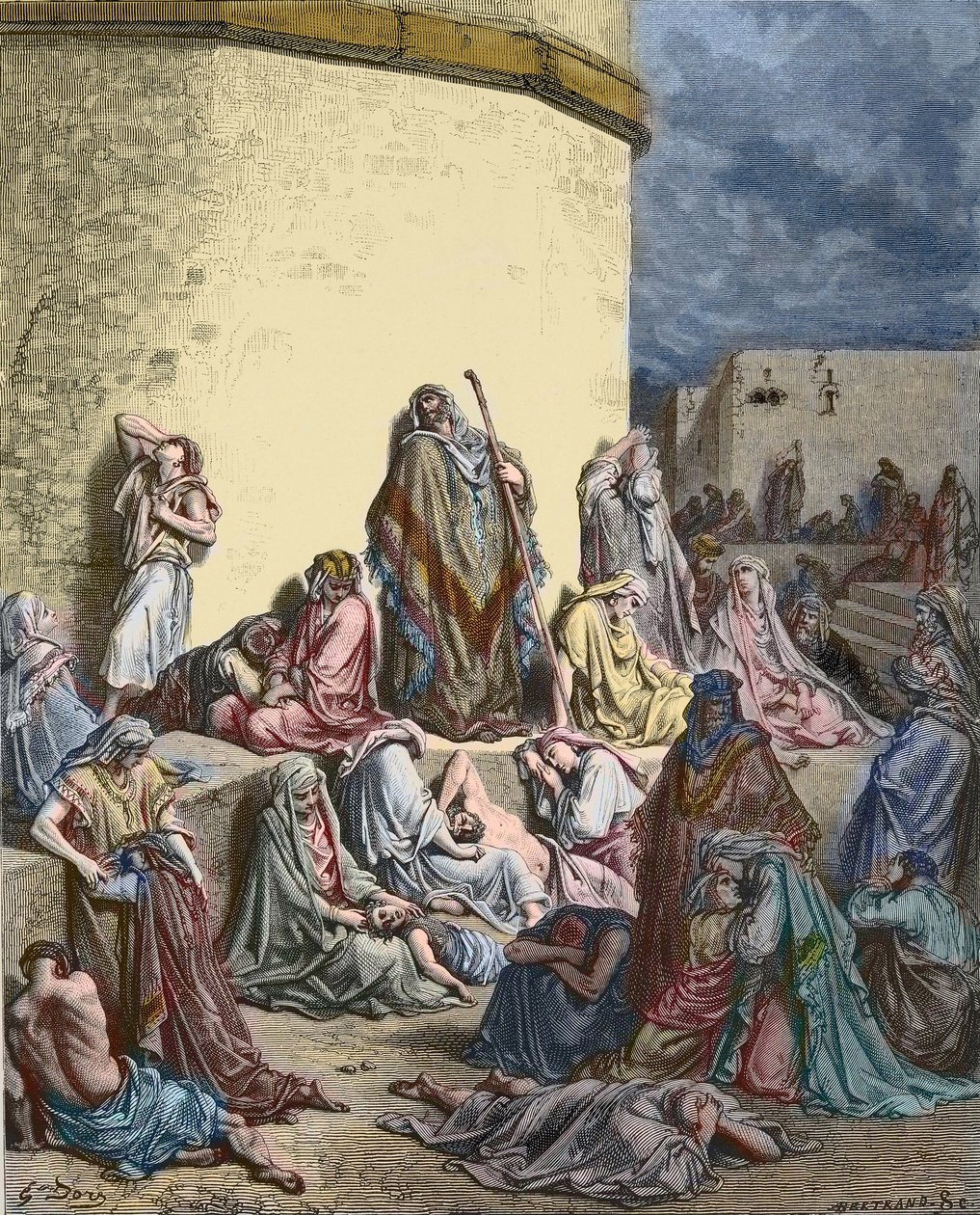 Lid Izraele truchlí nad Jeruzalémem - Starý zákon - Oplakávání Jeremjáše - Lid pláče v troskách Jeruzaléma - - rytina Gustava Dore - pozdější kolorování od Gustave Dore