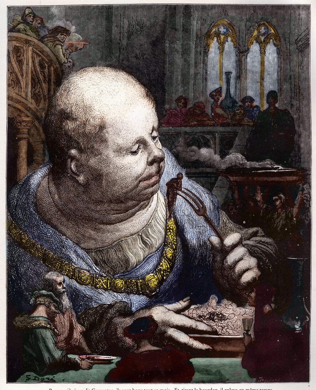 Poutníci se jedí v salátech - ilustrace z "Gargantua a Pantagruel", Francois Rabelais - rytina Gustave Dore od Gustave Dore