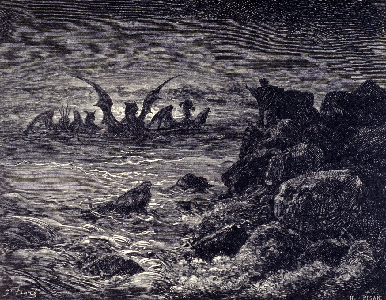 Prorok Daniel vidí, jak se objevují monstra: Haniel, Kafziel, Azriel, Aniel. Rytina z bible ilustrovaná Gustave Dore. 19. století od Gustave Dore